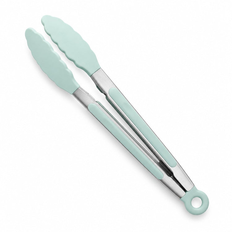 Mint green silicone-tipped kitchen tongs with stainless steel handles and a hanging loop, shown on a clean white background.