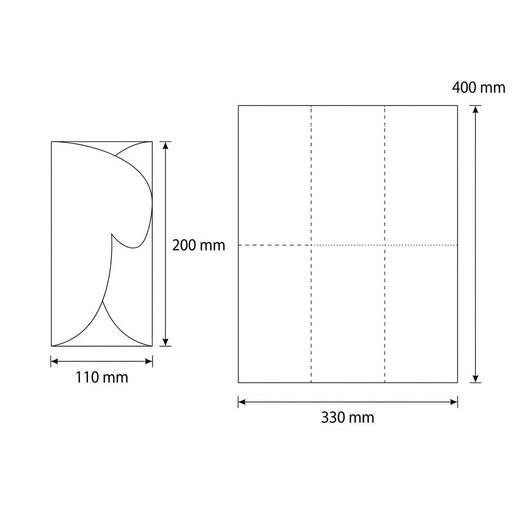 Black and white technical line drawing showing dimensions of a craft sheet or cardstock design, with two diagrams: one indicating a 110 mm by 200 mm template shape, and one indicating a 330 mm by 400 mm square sheet with internal dashed guide lines.