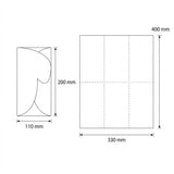 Black and white technical line drawing showing dimensions of a craft sheet or cardstock design, with two diagrams: one indicating a 110 mm by 200 mm template shape, and one indicating a 330 mm by 400 mm square sheet with internal dashed guide lines.
