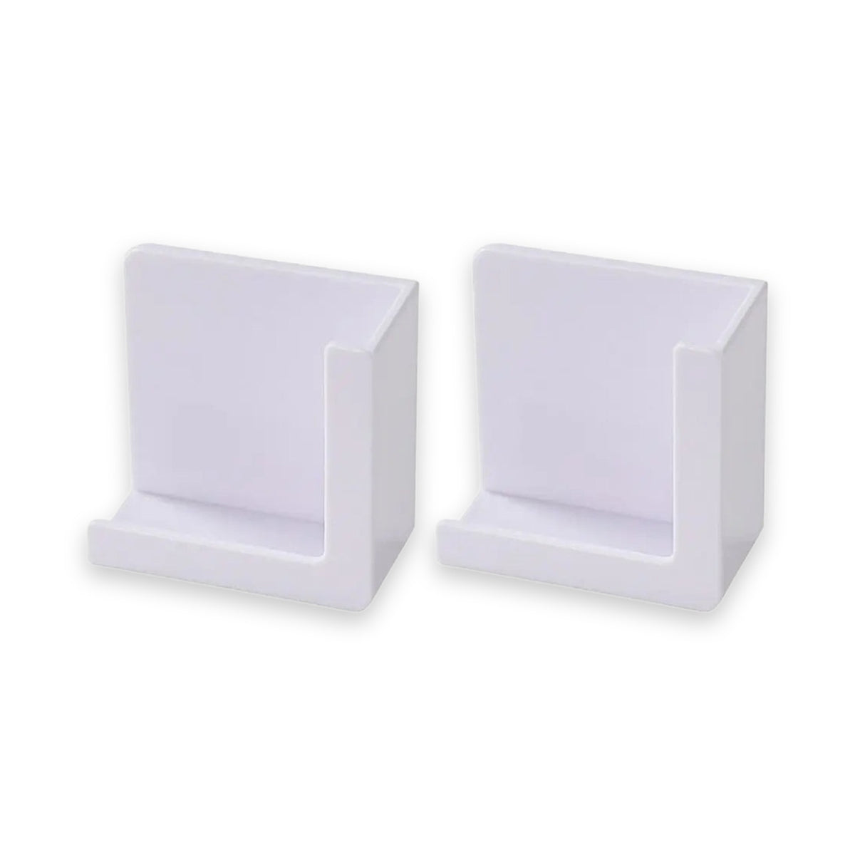 Two white plastic wall hooks shown side by side on a plain white background.