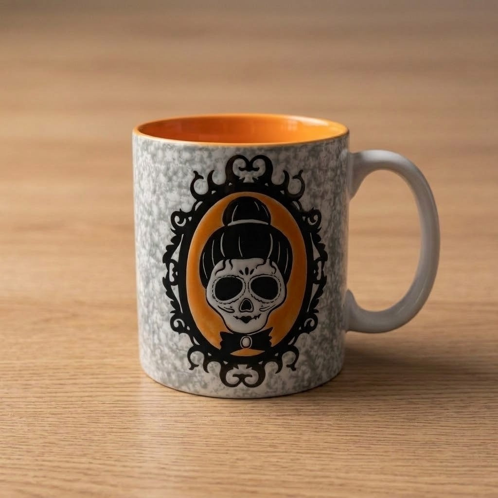 A ceramic mug with a gray marbled exterior, a bright orange interior, and a Day of the Dead sugar skull graphic in black and orange on the front, set on a wooden surface.