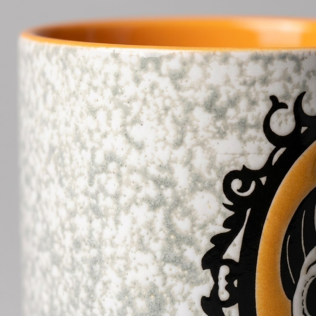 Close-up of a ceramic mug showing a speckled off-white exterior, a bright orange interior, and a black decorative scroll motif over a yellow section.