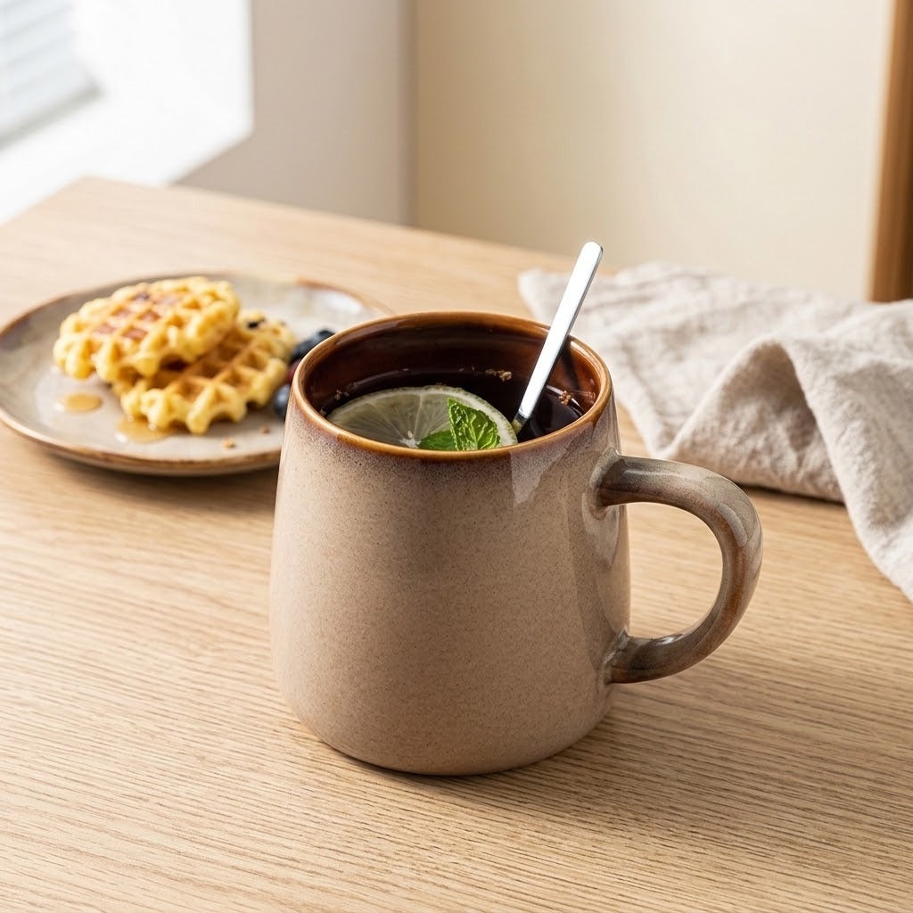 A ceramic mug with a warm brown and beige glaze sits on a wooden table, filled with a dark beverage and a lime slice with mint. A spoon rests inside the mug, with a plate of waffles and a beige cloth in the softly lit background.