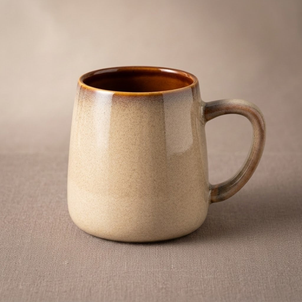 A beige speckled ceramic mug with a brown interior and curved handle rests on taupe fabric against a beige background.