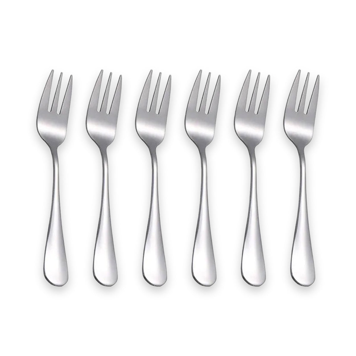 Six stainless steel dinner forks arranged in a row on a plain white background.
