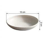 Speckled cream round shallow dish on a white background with labels showing 10 cm across and 2 cm high.