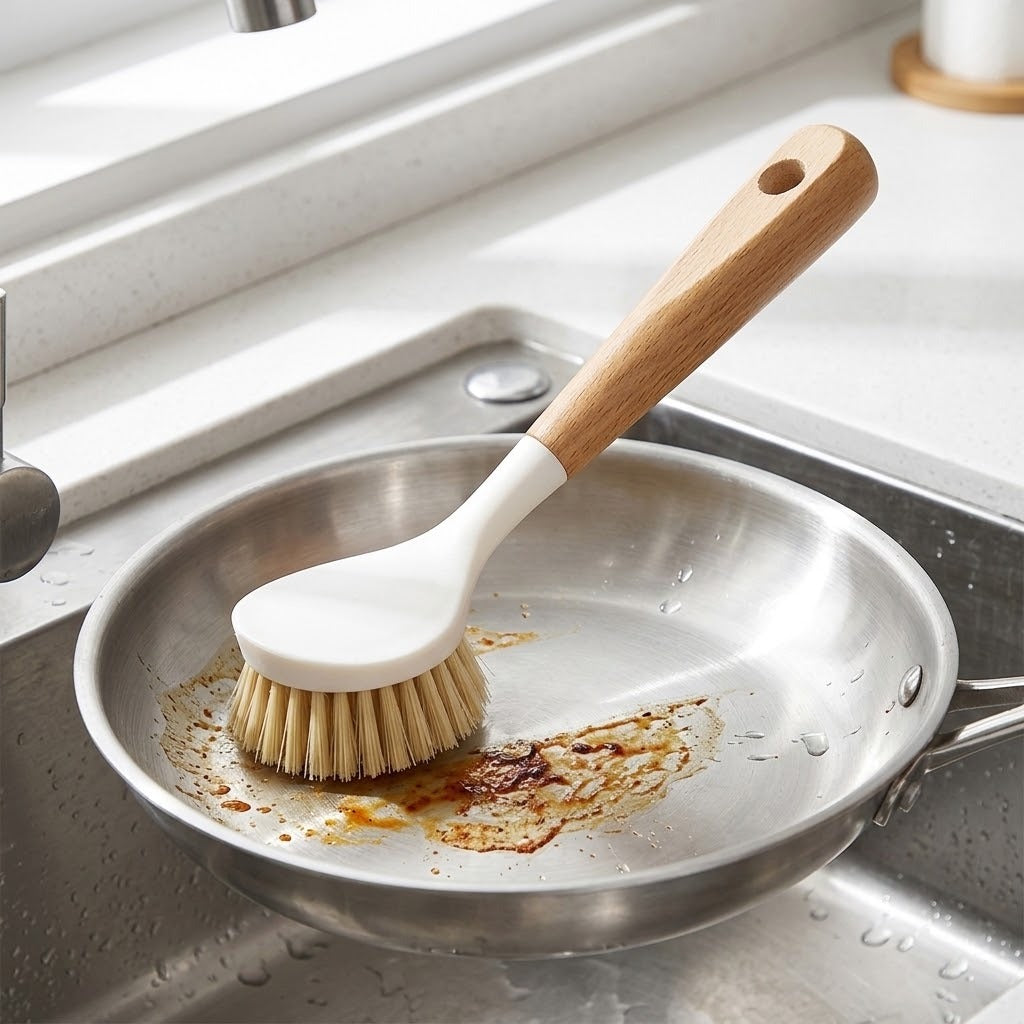 A dish brush with a wooden handle, white head and tan bristles rests inside a food-stained metal frying pan in a sink.