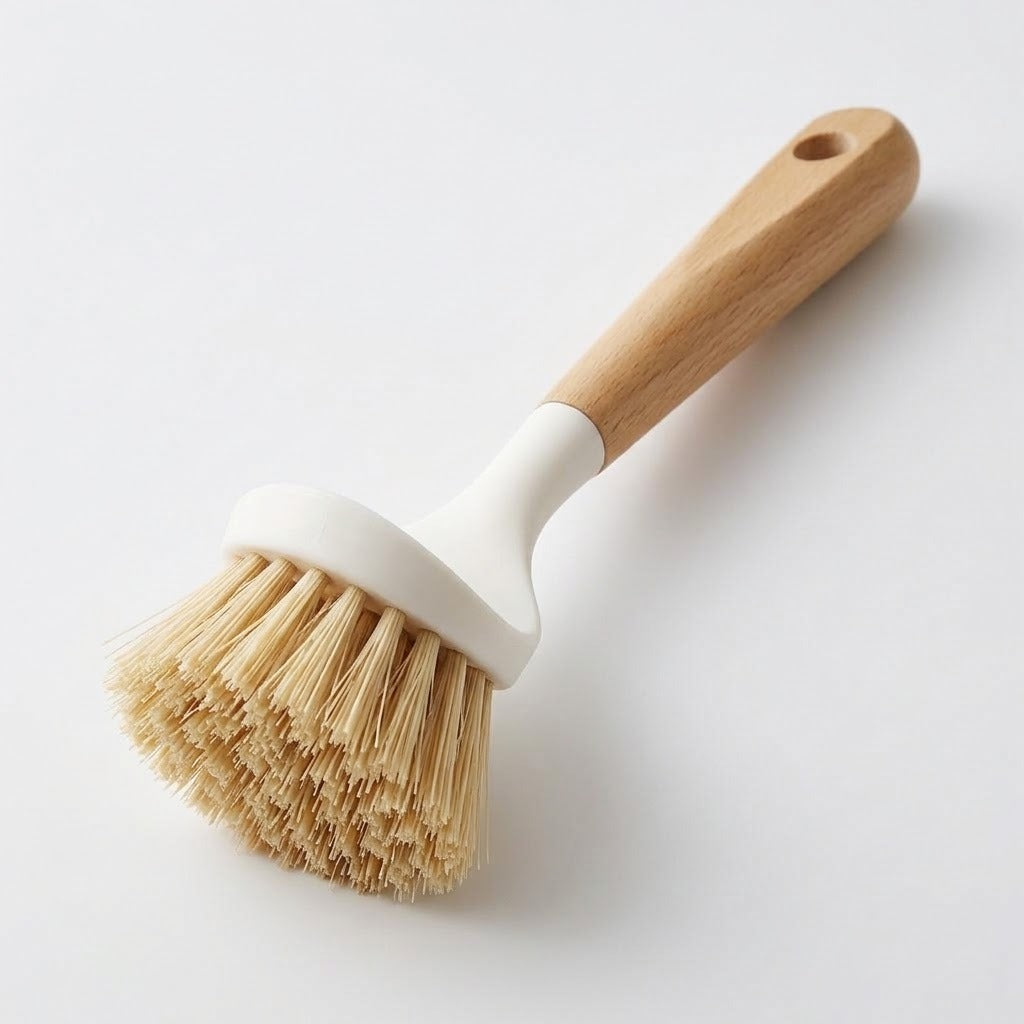 A dish brush with a wooden handle, white head and dense tan bristles lies diagonally on a white surface.