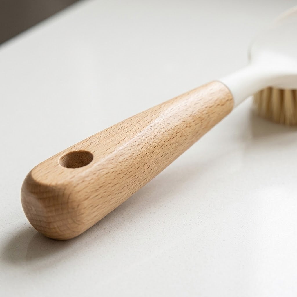 Close-up of a dish brush's wooden handle and hanging hole on a pale surface, with its white head blurred behind.