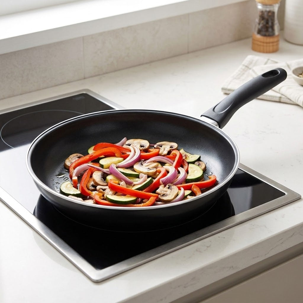 Black frying pan with a silver rim holds sliced vegetables on a black glass cooktop beside a white kitchen counter.