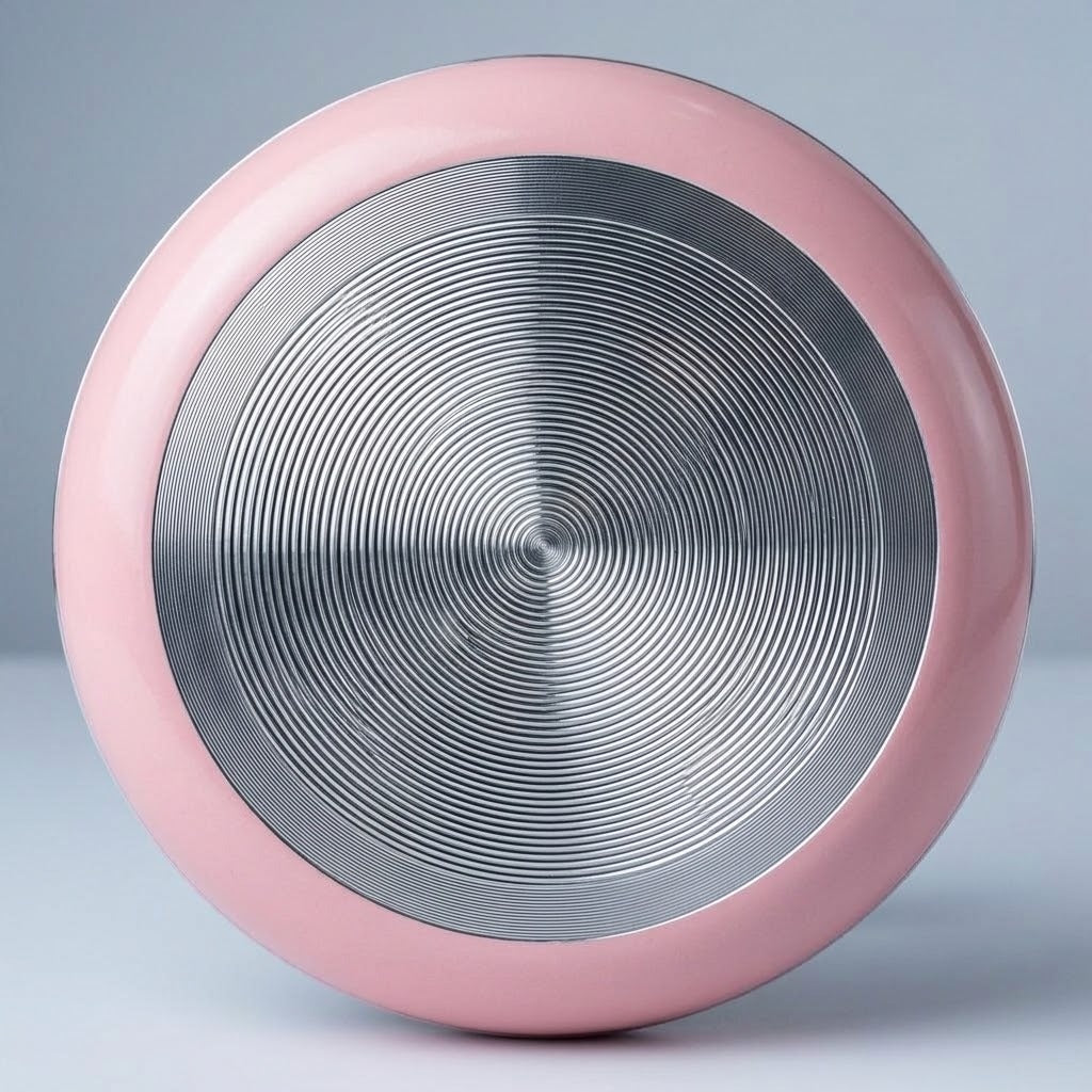 The underside of a pink frying pan shows a silver metal base with concentric grooves against a grey background.