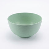 An empty pale green speckled bowl with rounded sides and a circular base sits against a white background.