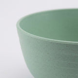 Close-up of a speckled ceramic bowl in a pale mint green color, showing the textured exterior and smooth interior against a light gray background.
