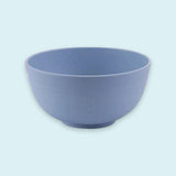 A blue bowl with rounded sides and a raised circular base sits against a pale blue background.