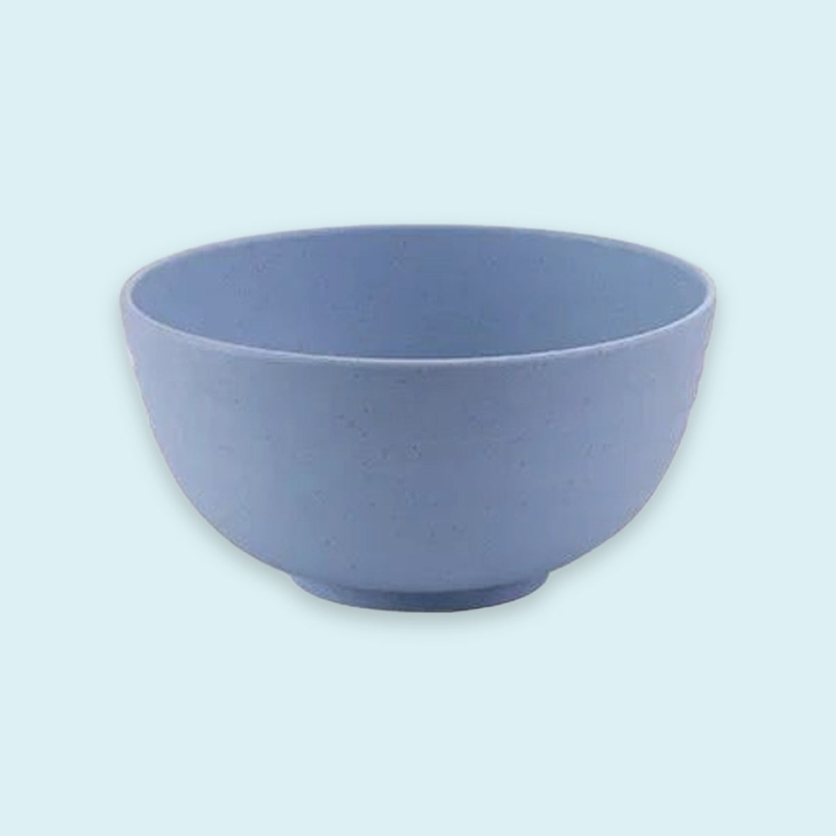 A blue bowl with an open top and rounded sides sits on a circular base against a pale blue background.