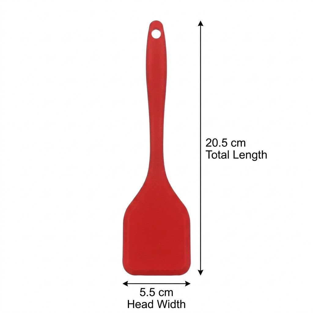 A red spatula on white has measurement arrows labelled 20.5 cm total length and 5.5 cm head width.