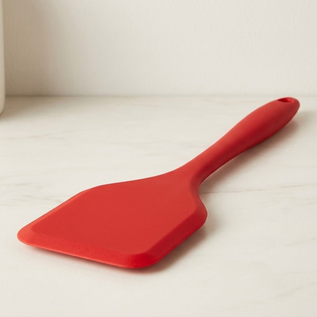 A red spatula with a broad flat head and hanging hole rests diagonally on a cream surface.