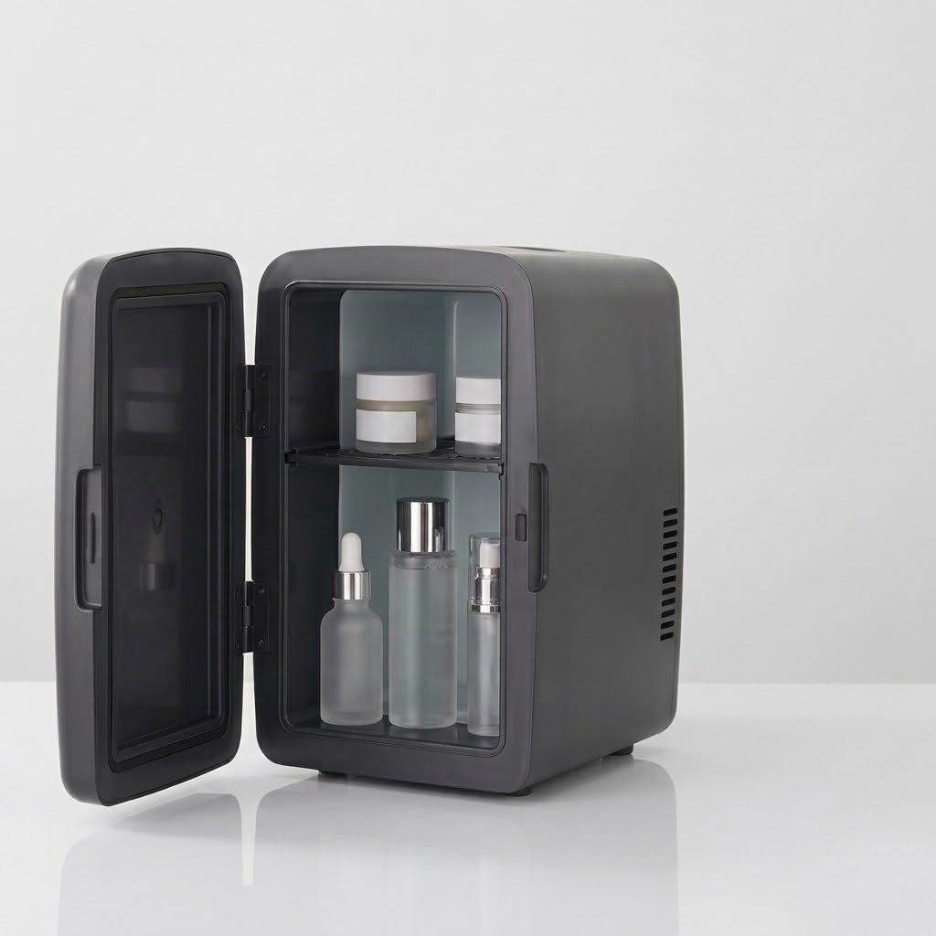 A dark gray portable skincare refrigerator with its door open, showing shelves inside holding several cosmetic bottles and jars, set against a clean white studio background.