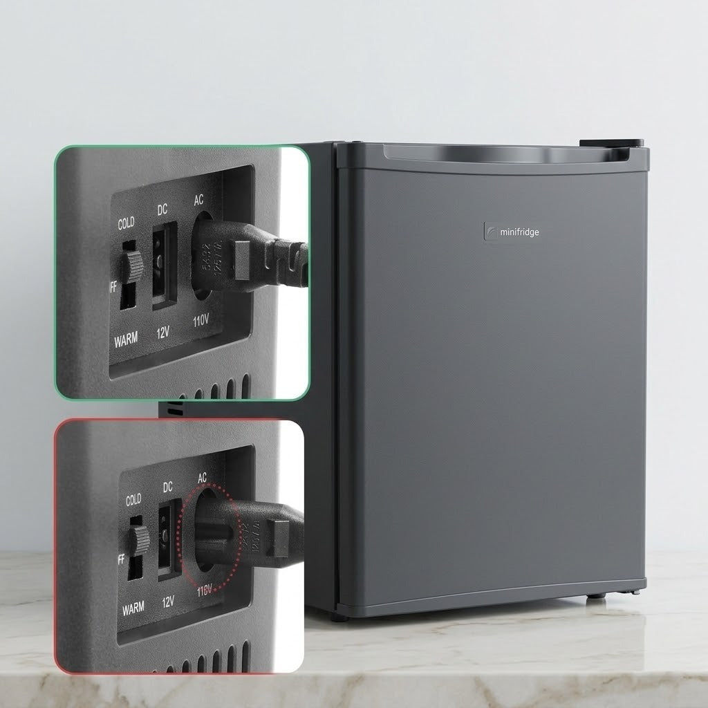 A compact dark gray Morfidge refrigerator shown on a light marble surface against a white wall, with two inset close-ups highlighting the power input panel on the back.