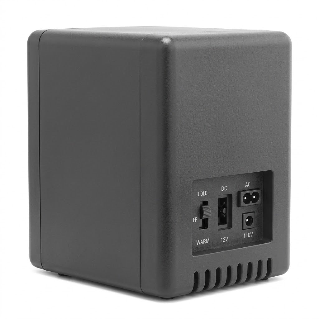 A black rectangular electronic device, likely a power supply or amplifier, shown from a three-quarters angle on a white background. The back panel features a temperature switch labeled COLD and WARM, DC 12V and AC 110V input jacks, and a vented grille at the bottom.