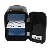 Black mini fridge with open door, blue interior, white perforated shelf, and white door basket against a white background.