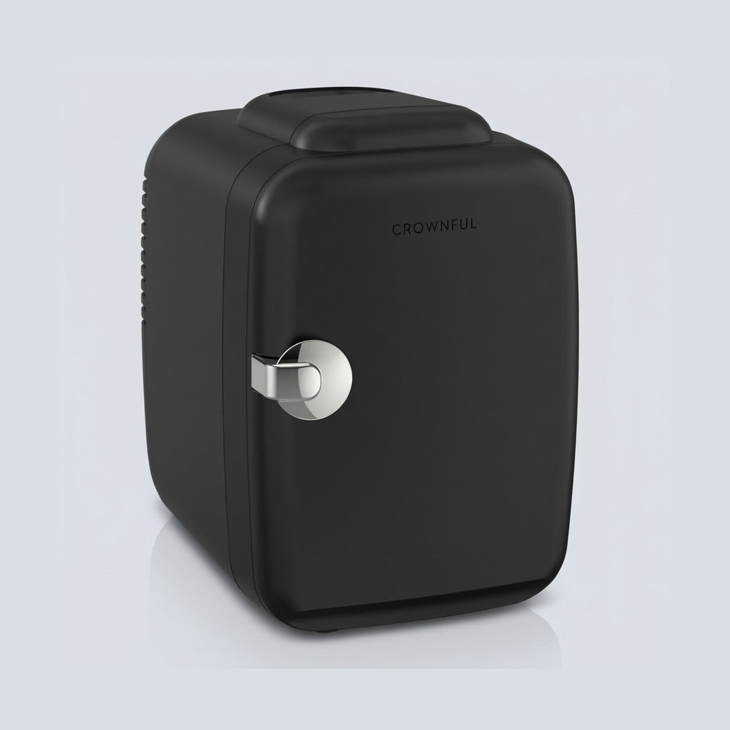 A black portable mini refrigerator with a silver handle and the brand name 'CROWNFUL' printed on the front, shown on a light gray background.