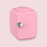 A retro-style pink mini refrigerator with a silver metal handle and the brand name 'CROWNFUL' printed on the front, set against a solid pale pink background.