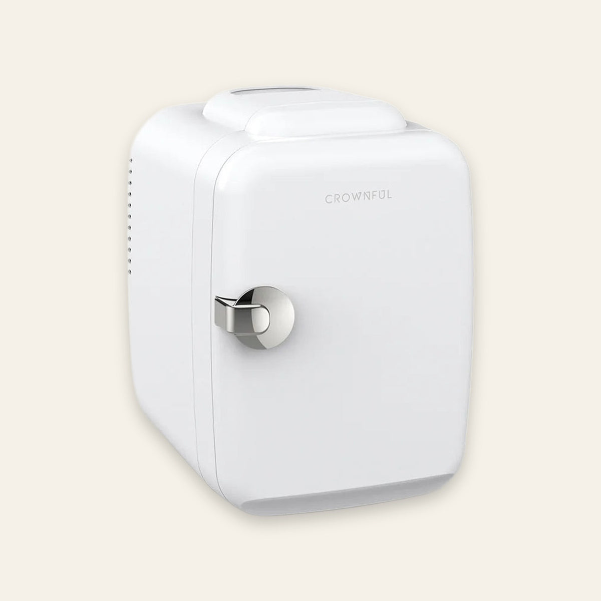 A white portable mini refrigerator by Crownful with a silver metal dial handle, shown on a solid light beige background.