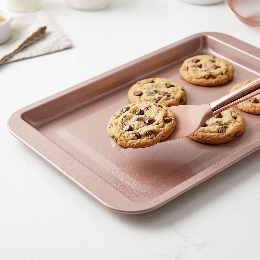 A rose-coloured spatula lifts a chocolate chip cookie from a matching baking tray on a white countertop.