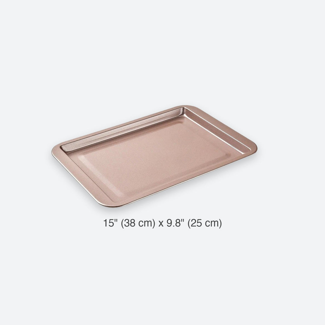 Rose-gold rectangular metal tray on a white background, labeled 15 × 9.8 inches (38 × 25 cm).