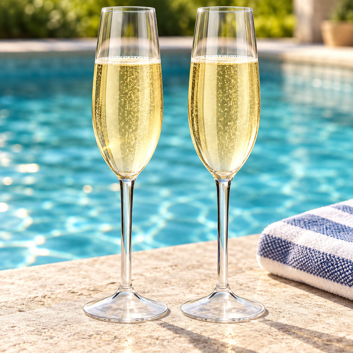 Two clear unbreakable Tritan plastic champagne flutes with sparkling wine on the stone edge of a backyard pool