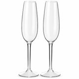 Set of two clear Tritan plastic champagne flutes with long stems on a white background