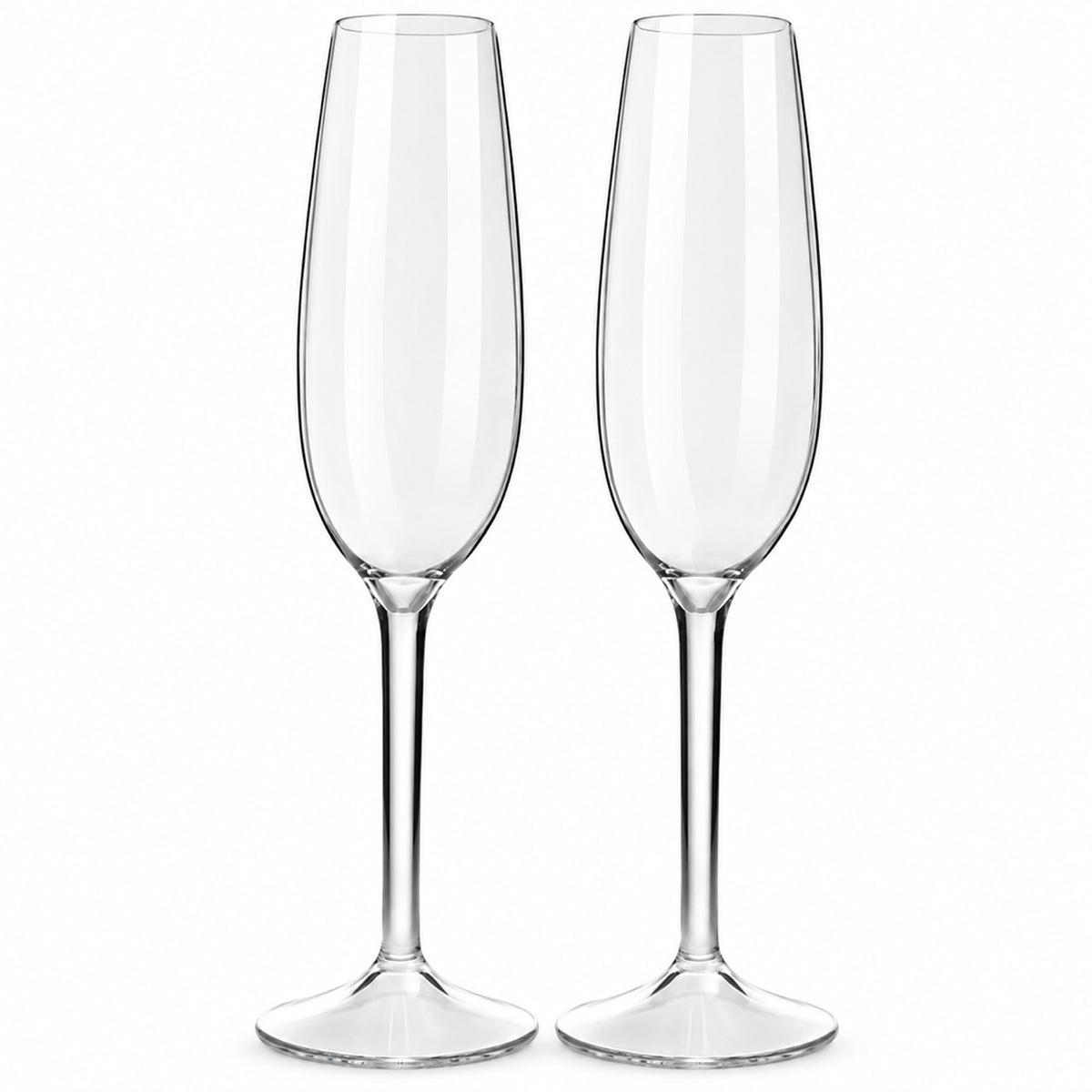 Set of two clear Tritan plastic champagne flutes with long stems on a white background