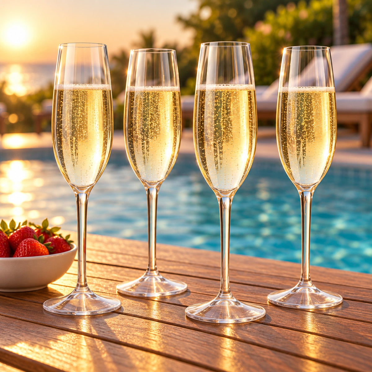 Four plastic champagne flutes filled with sparkling wine on a poolside table at golden hour