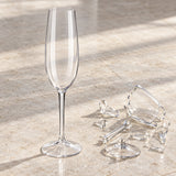 Intact Tritan plastic champagne flute next to the broken pieces of an ordinary glass flute