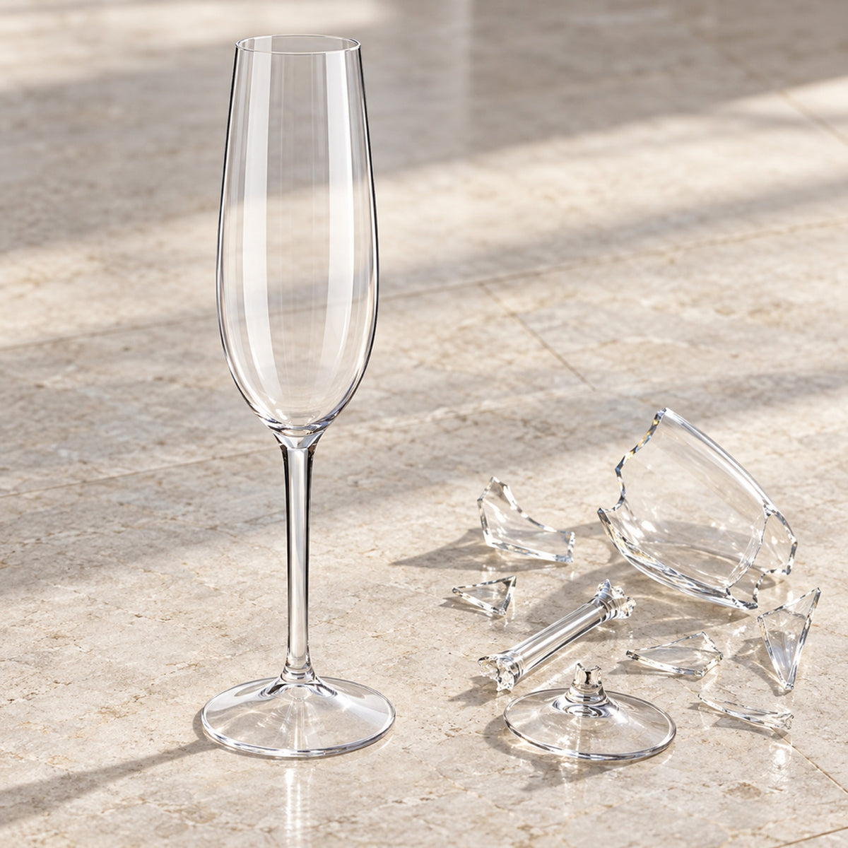 Intact Tritan plastic champagne flute next to the broken pieces of an ordinary glass flute