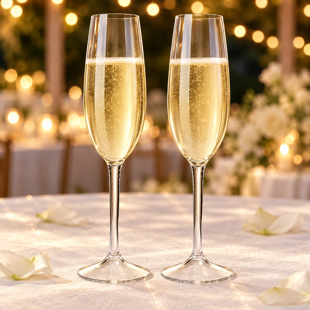 Two plastic champagne flutes with sparkling wine on a white wedding reception table with petals