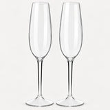Set of 2 rounded clear Tritan plastic champagne flutes on a light warm grey backdrop