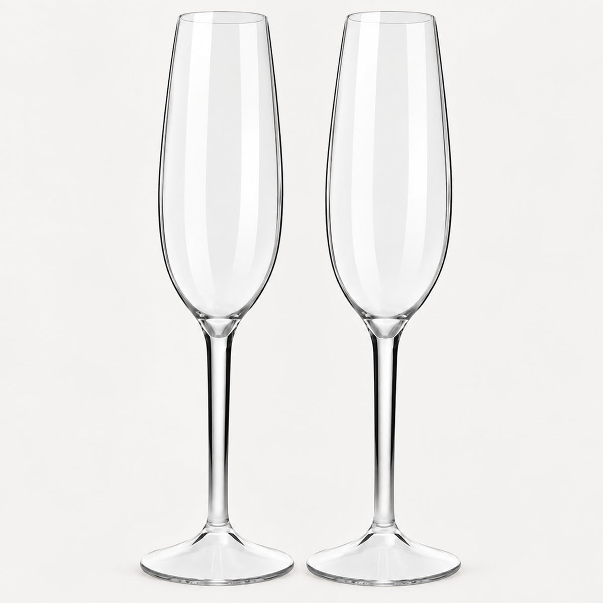 Set of 2 rounded clear Tritan plastic champagne flutes on a light warm grey backdrop