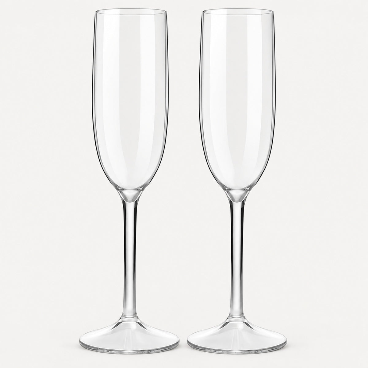 Set of 2 straight-sided clear Tritan plastic champagne flutes on a light warm grey backdrop