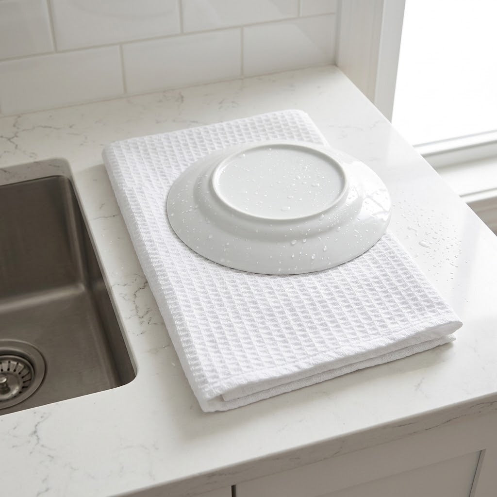 A white waffle-weave dish towel draped over a white plate, set on a white marble kitchen countertop next to a stainless steel sink.