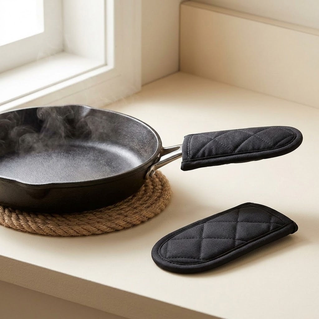Black quilted oven mitts shown on a beige countertop near a window, with one mitt wrapped around the handle of a dark cast-iron skillet resting on a woven trivet and the other mitt placed beside it.