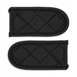 Two black quilted oven mitts with diamond stitching, displayed flat on a white background.