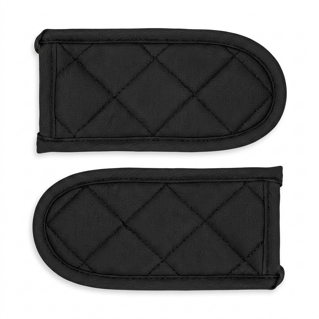 Two black quilted oven mitts with diamond stitching, displayed flat on a white background.
