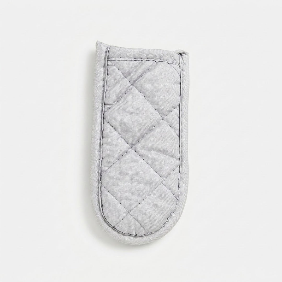 A light gray quilted fabric oven mitt with a diamond stitching pattern, shown on a clean white background.