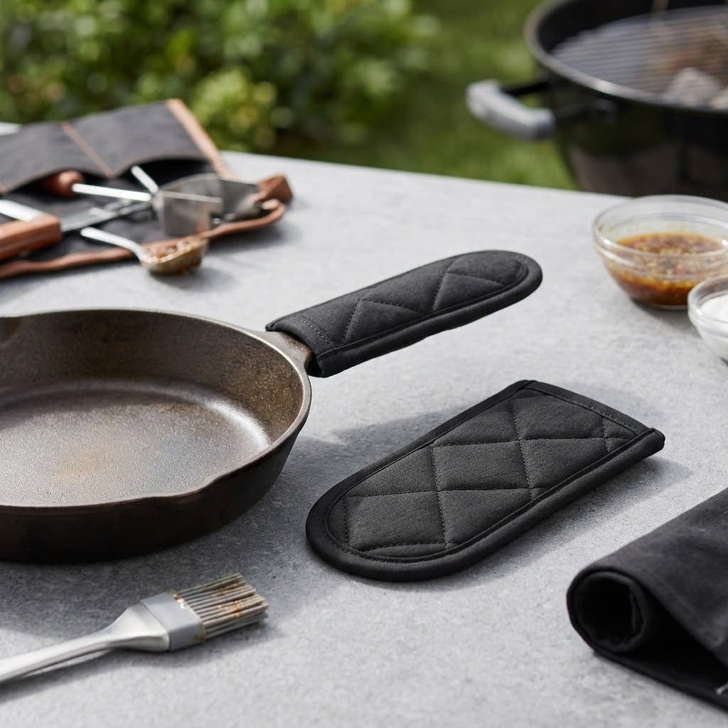 Black quilted sleeves beside a skillet on a gray outdoor table, with one covering its handle and barbecue tools nearby.