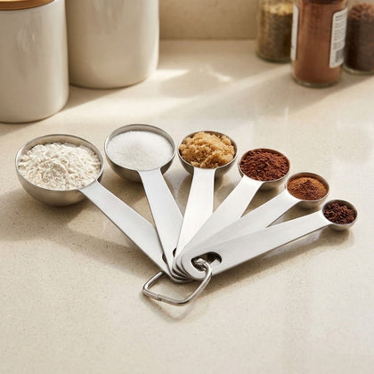 Six silver stainless steel measuring spoons holding assorted dry ingredients fan out on a cream kitchen counter beside storage jars.