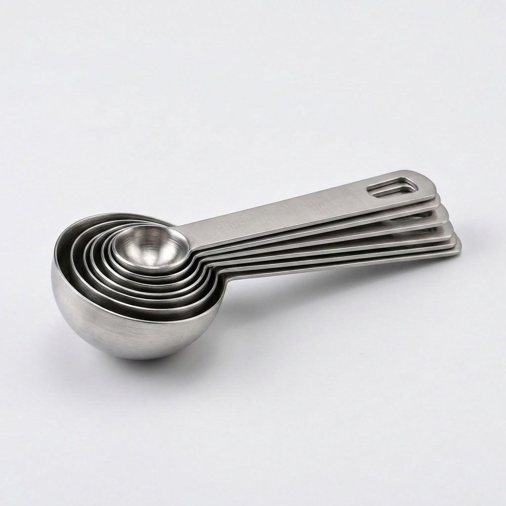 Silver stainless steel measuring spoons nest together with aligned flat handles on a plain light background.