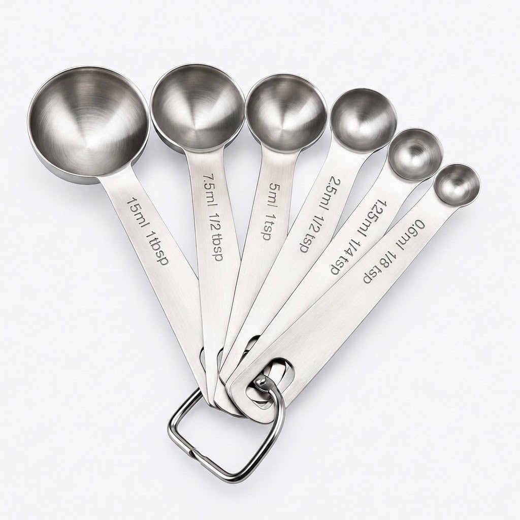 Six silver stainless steel measuring spoons fan out on white, with engraved capacities from 1/8 teaspoon to 1 tablespoon.