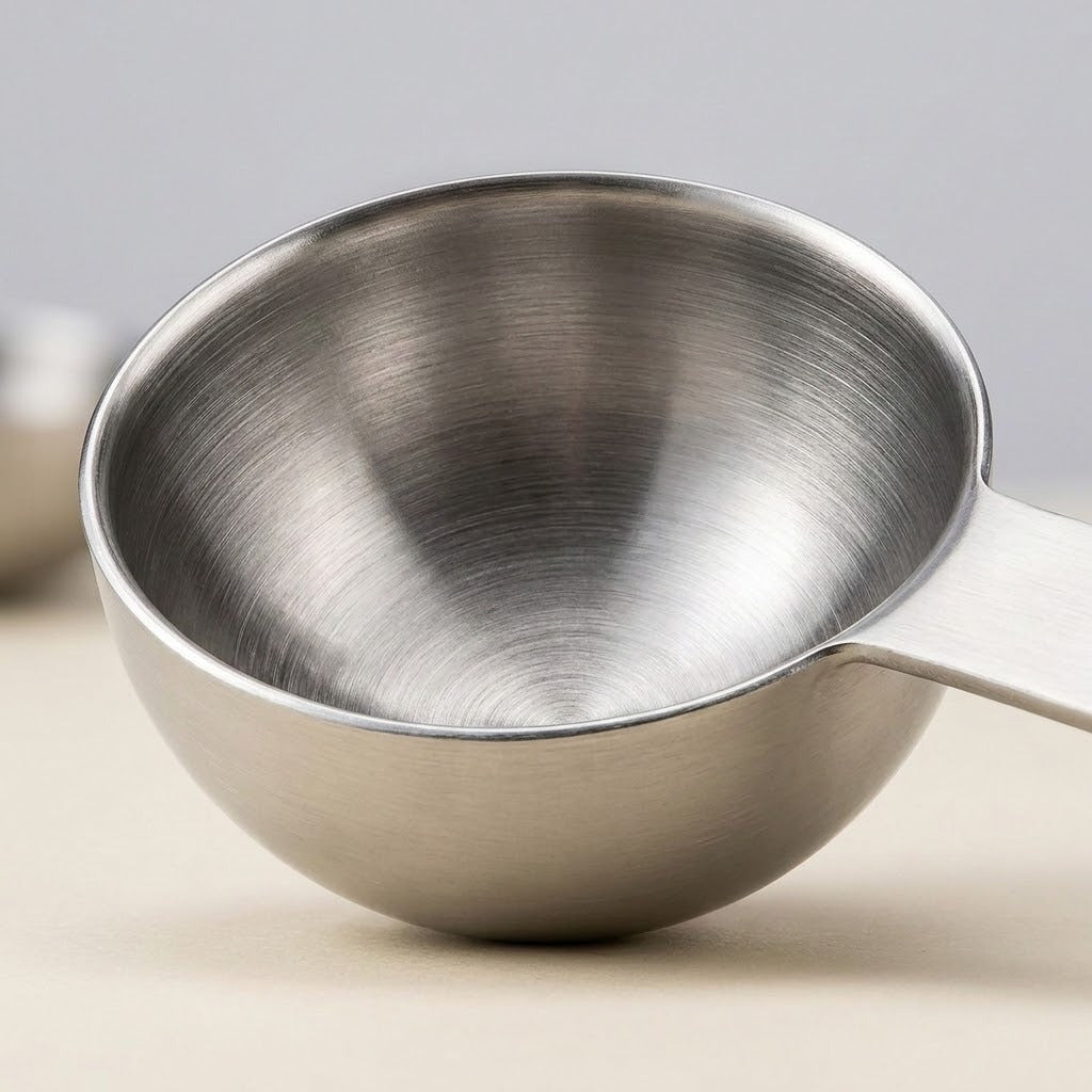 A close-up of a silver stainless steel measuring spoon shows its brushed interior and rounded bowl on a cream surface.
